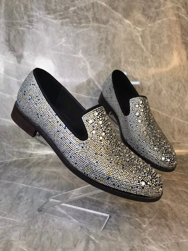 SHOOEGLE Rhinestone Loafers Oxford Shoes New Style Men Luxury Handmade Dress Shoes Casual Round Toe Wedding Party Shoes Men