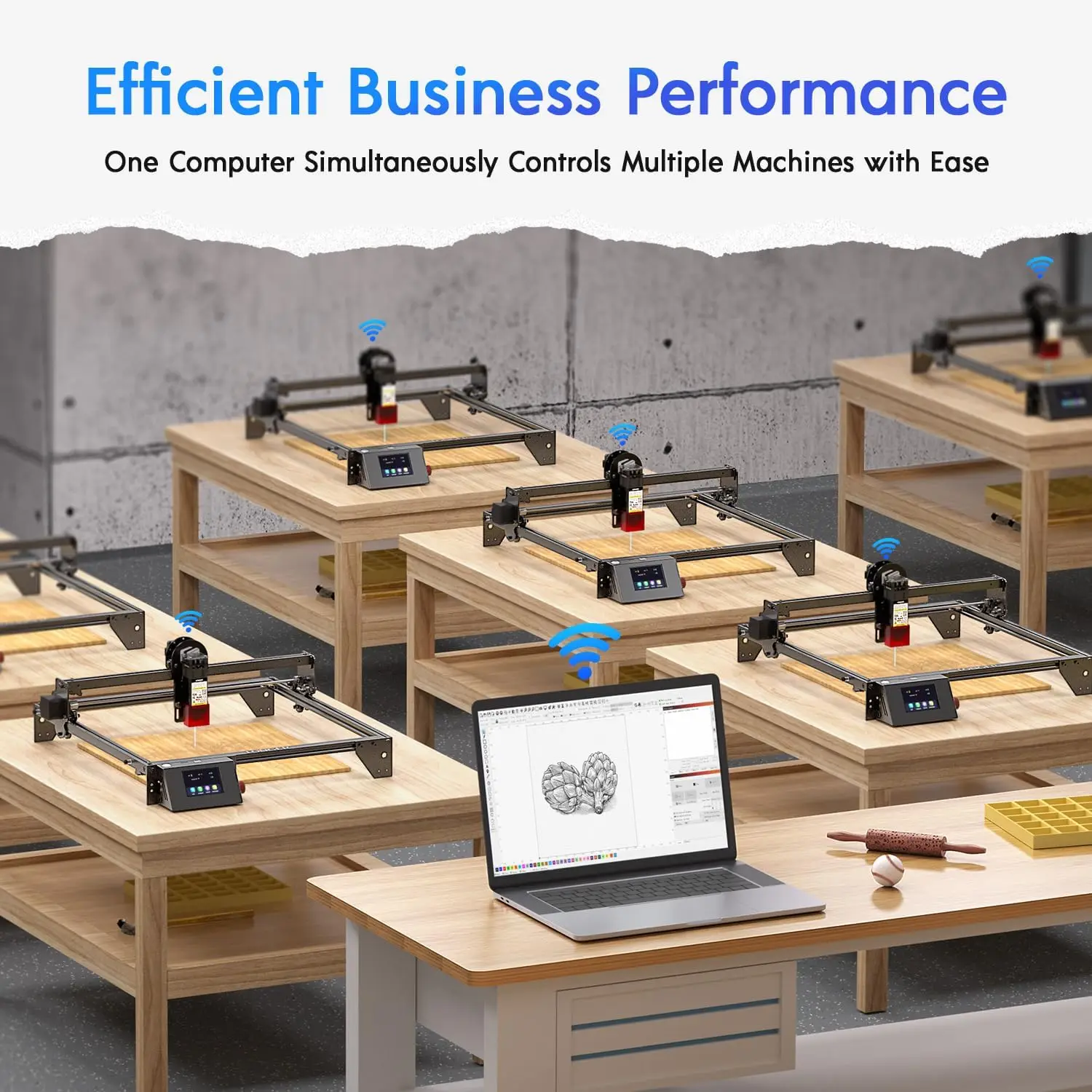 Incisore laser RAY5 5W più lungo con rullo rotante, sollevatore da 8 pezzi, touch screen a colori da 3,5", controllo offline dell'app