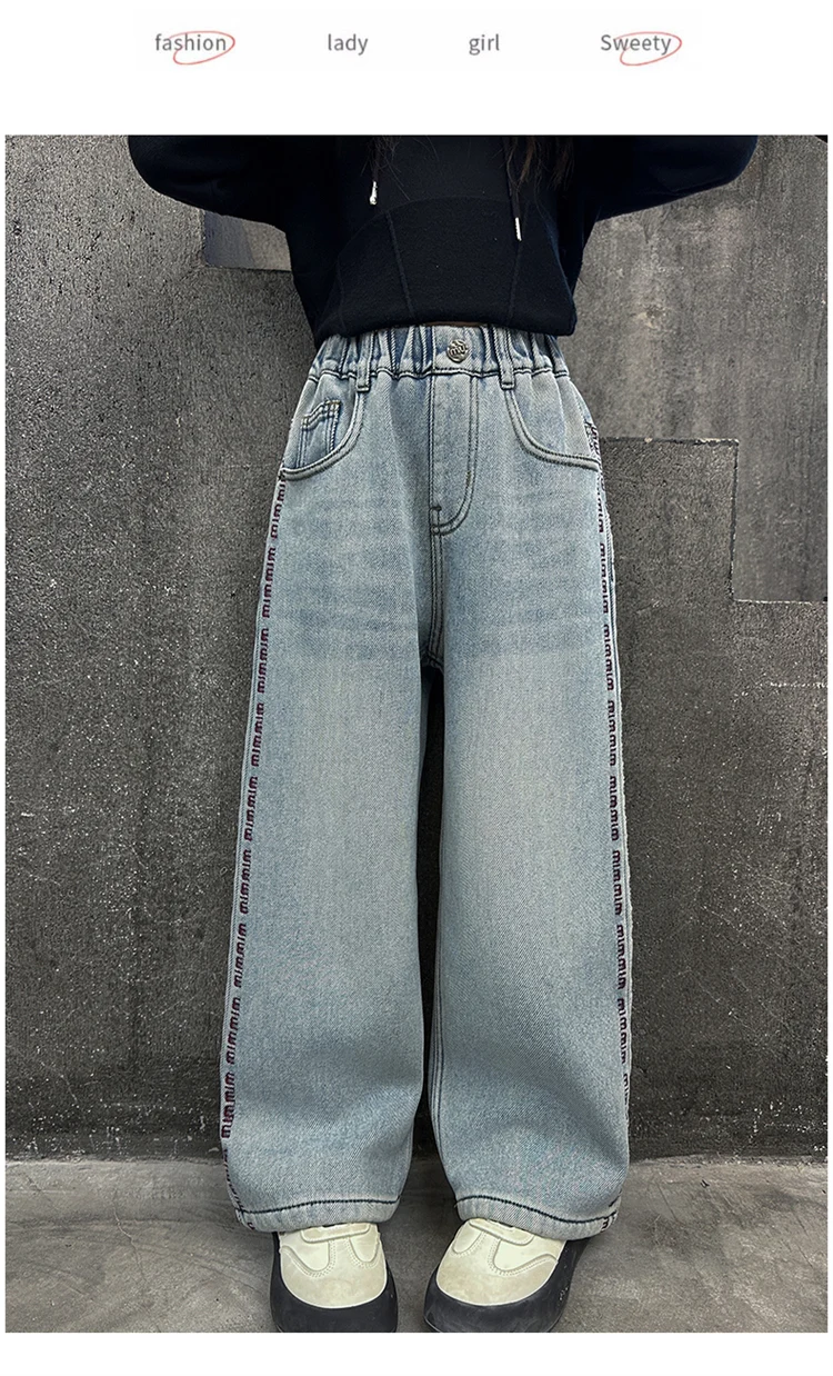 Winter-Thermo-Jeanshosen für Mädchen, lässiger Stil, gerade geschnitten, locker, dick, mit Fleece gefüttert, warme Denim-Hosen für Kinder. – Detail 2