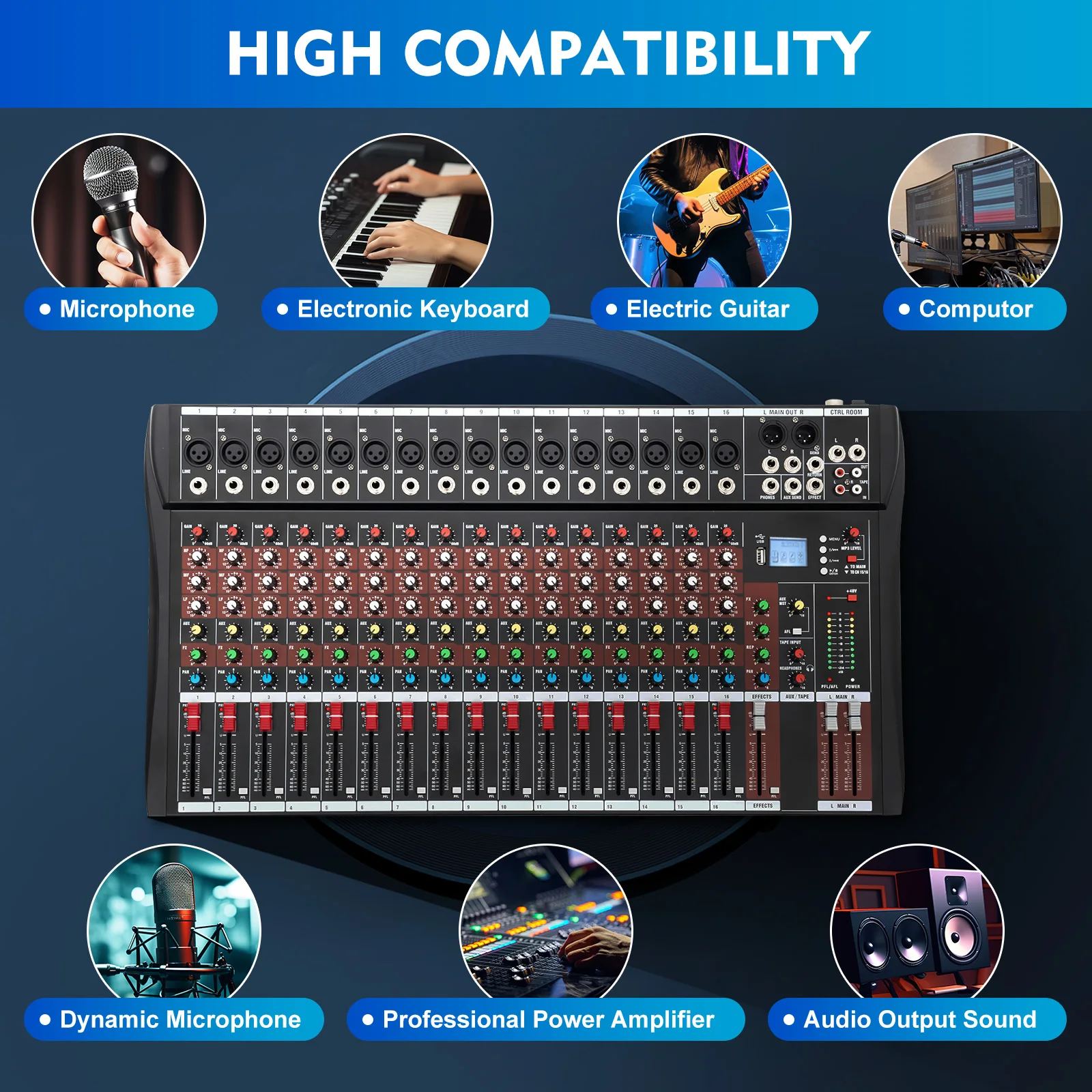 16/8-Channel Professioneller Mixer, Soundboard Konsole with Bluetooth USB PC Recording Input XLR Microphone Jack 110V