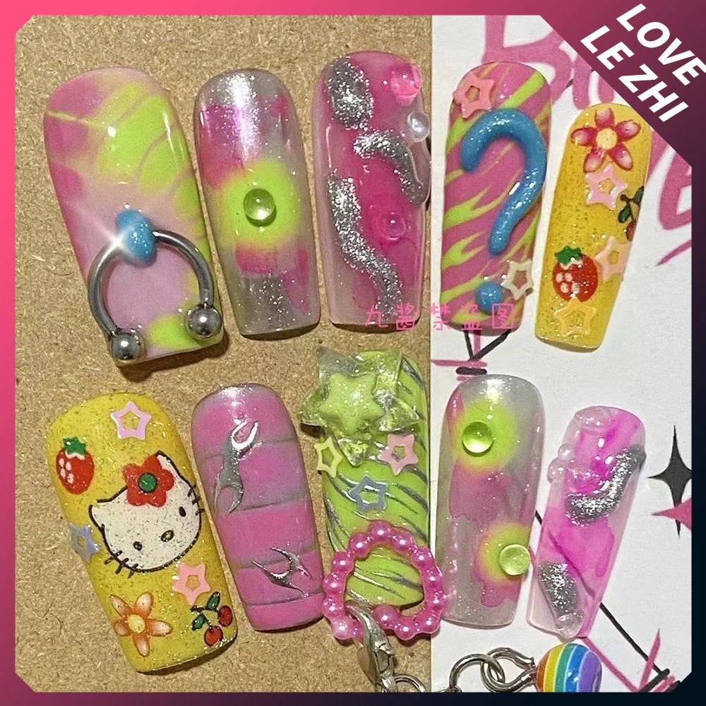 Sanrioed Hello Kittys Five-Pointed Star Handmade Press On Nails Pearl Diamond Design Full Cover Nails Square Can Be Customized