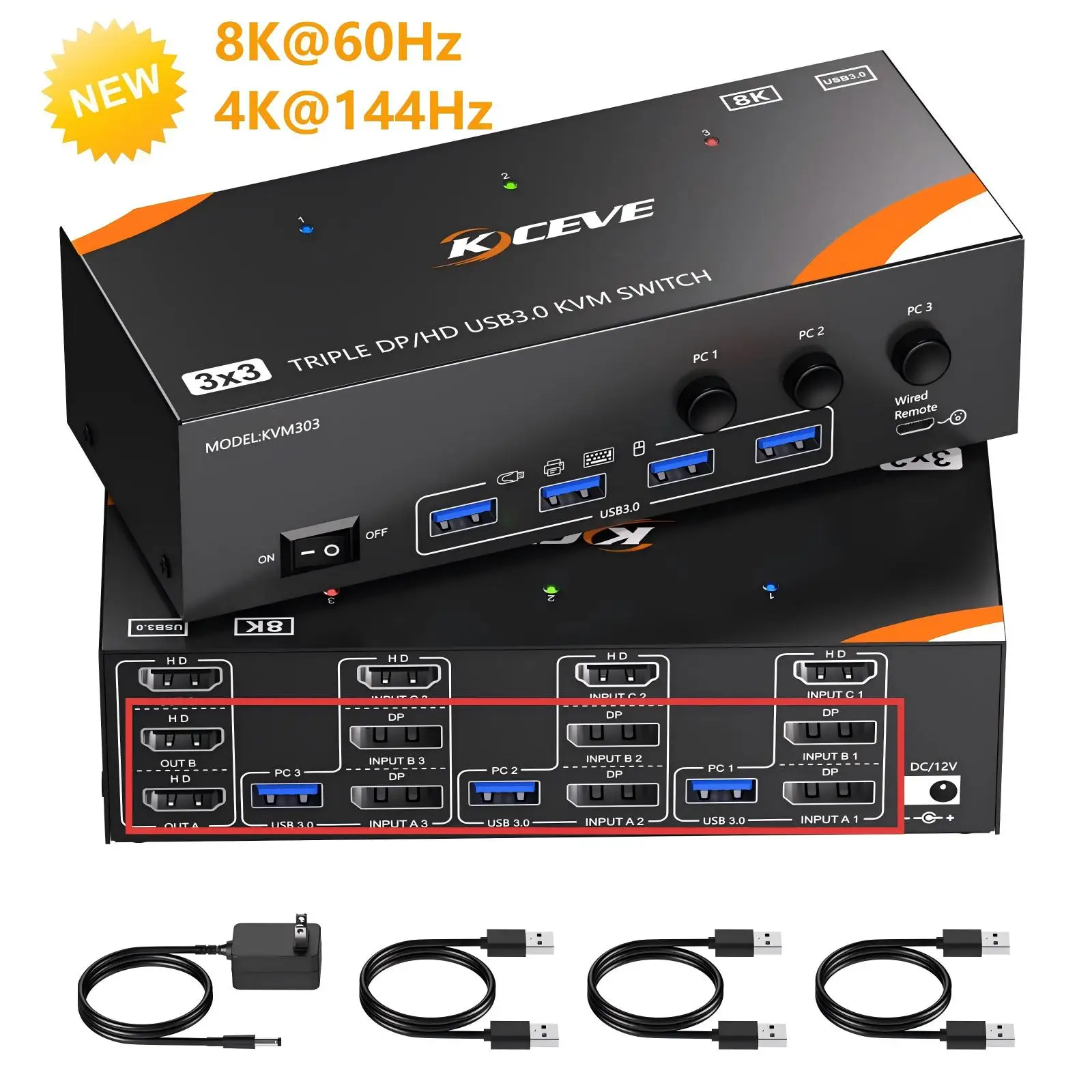 

8K@60Hz KVM Switch 3 Computers 3 Monitors,Triple Monitors KVM Switch 4K@144Hz for 3 PCs Share 3 Monitors and 4 USB 3.0 Devices