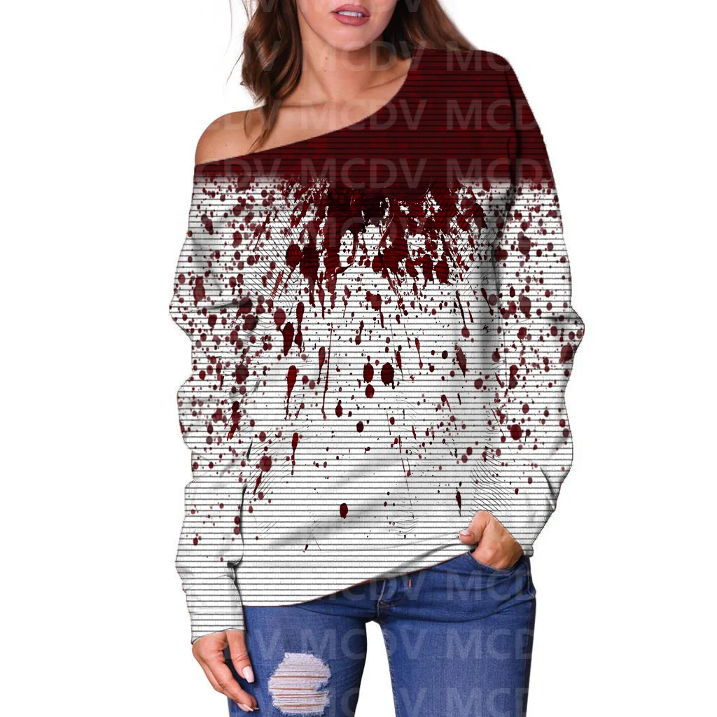 Suéter con hombros descubiertos para mujer, Jersey informal de manga larga con estampado 3D de Halloween