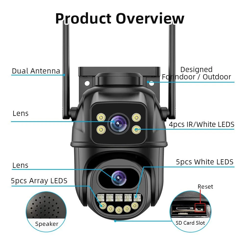6MP HD Wifi PTZ Camera Outdoor 360° View Dual Screen CCTV 5X Zoom Security Protection Surveillance Camera ICsee Video Cam Onvif