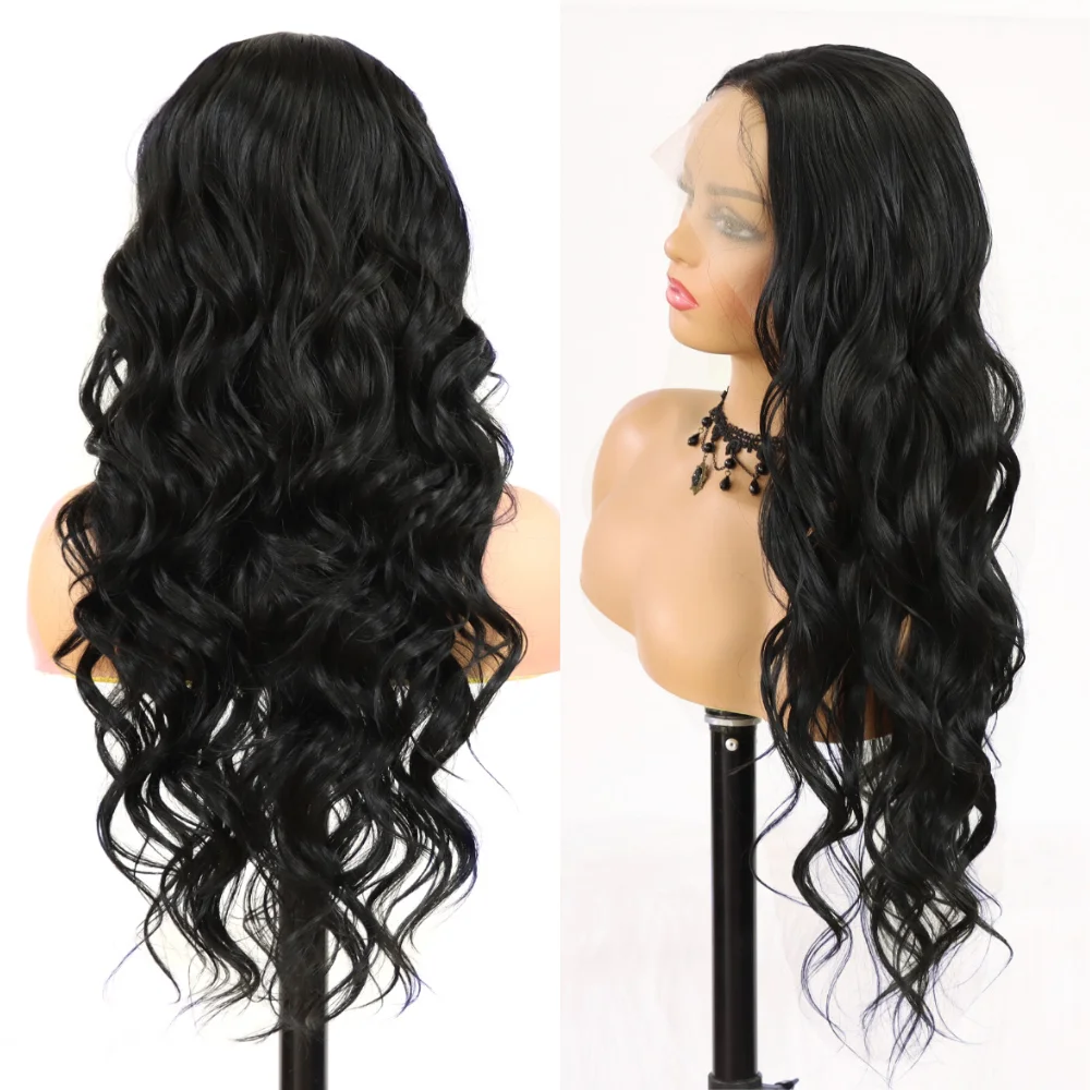 Wave 13*3 Synthetic Lace Front Wigs for Black Women Glueless Long Wavy Wigs Heat Resistant Long Black Wig