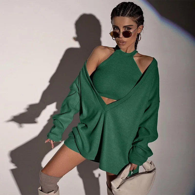 

Knitted 2 Pieces Set Elegant Female Women V-Neck Long Sleeve Euphoria Outfit Pullover Crop Top Streetwear Suits Autumn