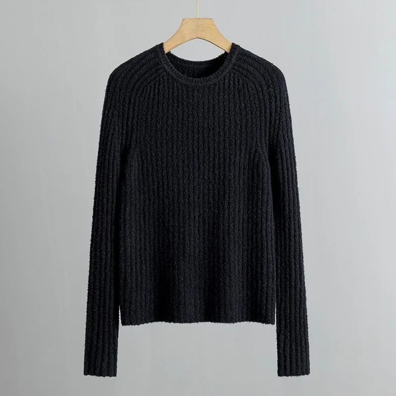 

2024 Early Spring New Round Neck Pullover Rib Yarn Wool Knitted Slim Minimalist Sweater for Women