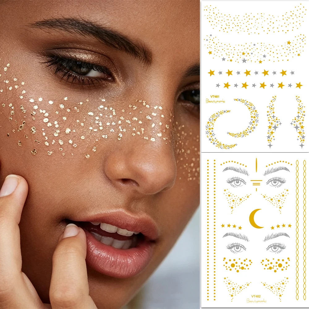Big Metallic Radiation Golden Silver Fake Freckles Temporary Tattoo Stickers For women Hot Stamping Freckles Makeup Patches