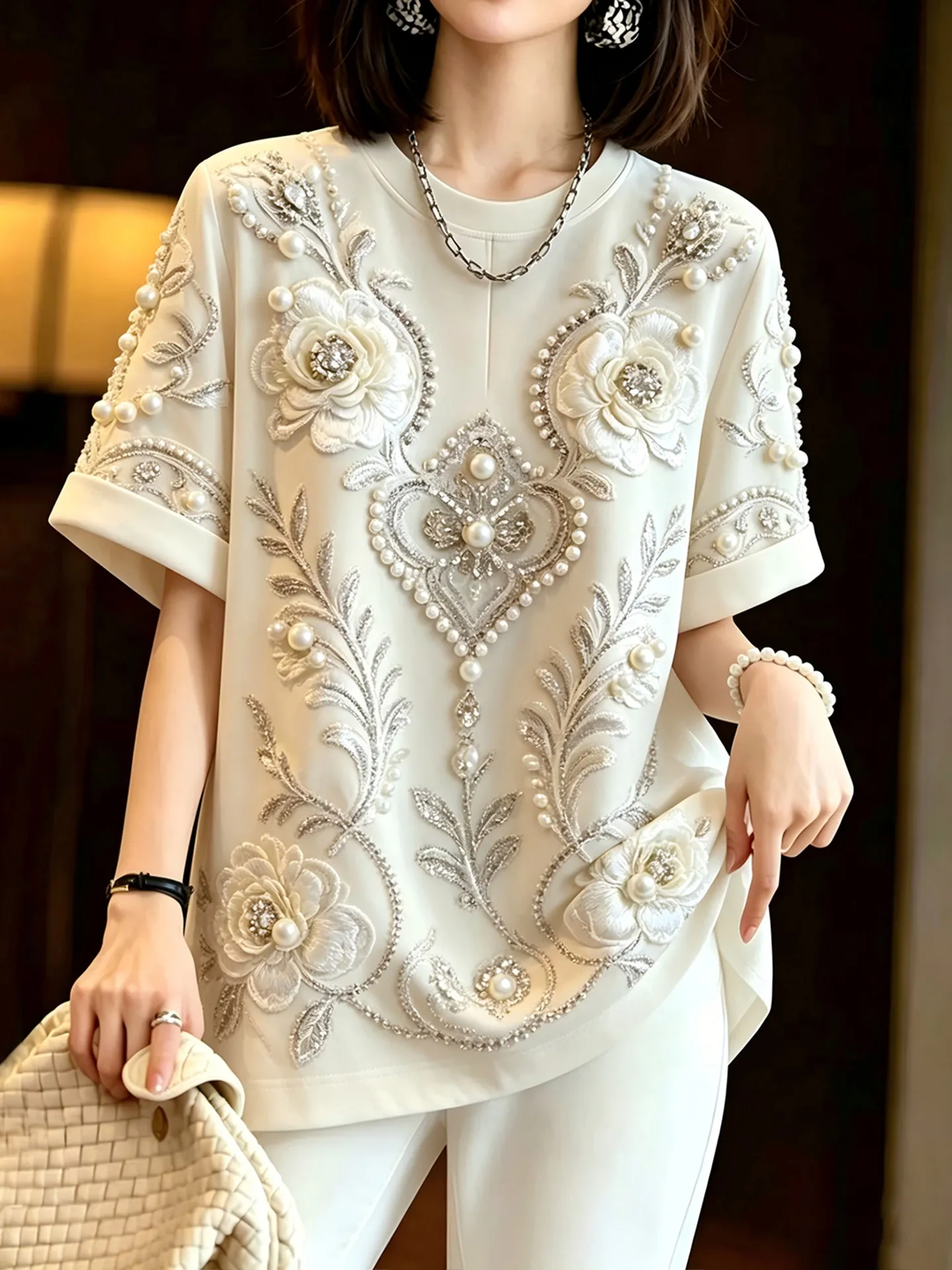 High Quality New Spring Summer Oversize Pullover Top All-match Short Sleeve T-shirt Luxury Diamonds Beading Female Casual Tees