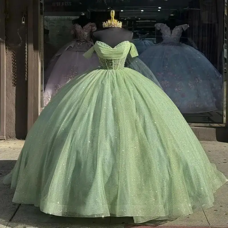 

Customized Shiny Green Quinceanera Dresses Off Shoulder Applique Green Ball Gown Prom Dress Vestidos De 15 Anos Quinceaneras