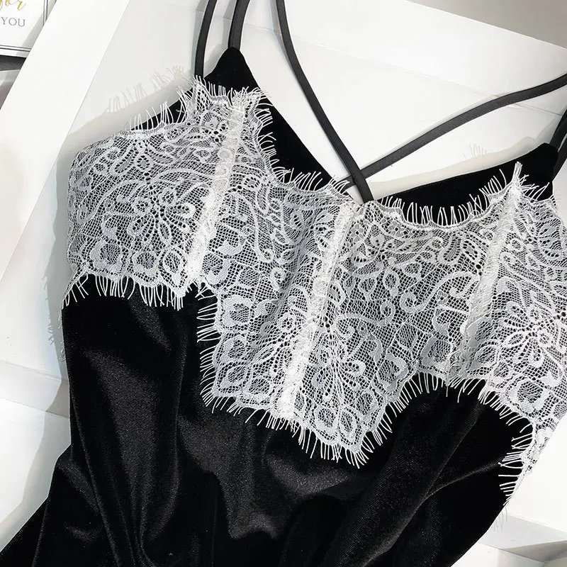 طقم رداء نسائي من القطيفة باللون الأسود للفصول الأربعة ملابس منزلية كيمونو مزين بالدانتيل ثوب نوم مكون من قطعتين ملابس خارجية للاستلقاء #4