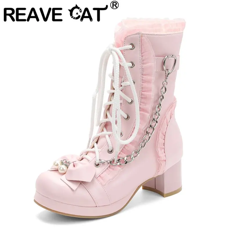 REAVE CAT Sweet Lolita Style Women Mid Calf Boots Round Toe 5cm Block Heel Lace Up Bowknot Small Big Size 28 29 42 43 Pink Black