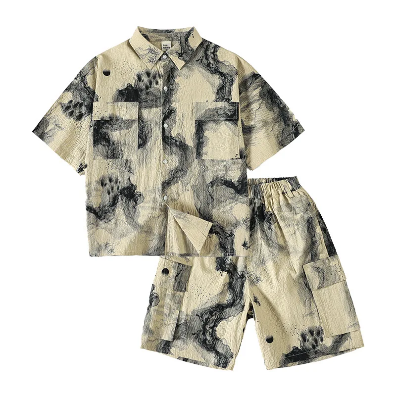 

Kids Clothes Boys Fashion 2pcs Set Baby Outfits Teenage Ink Painting Suit Turn-down Collar Short Sleeve Shirts and Loose Shorts