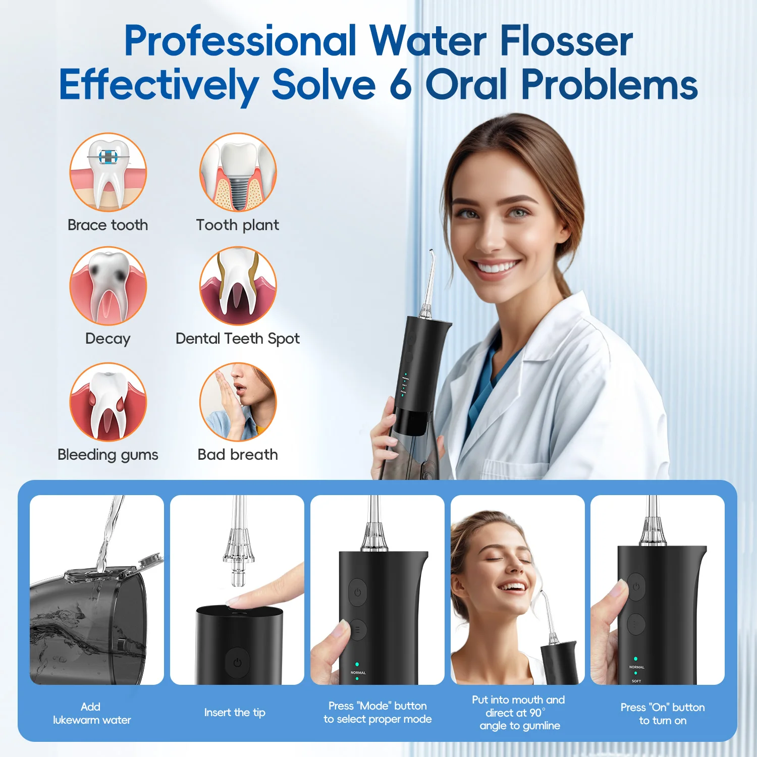 Oral Irrigator F29 Portable Dental Water Flosser USB Rechargeable Dental Water Jet Waterproof Pick Flosser 300ML Water Tank image 5