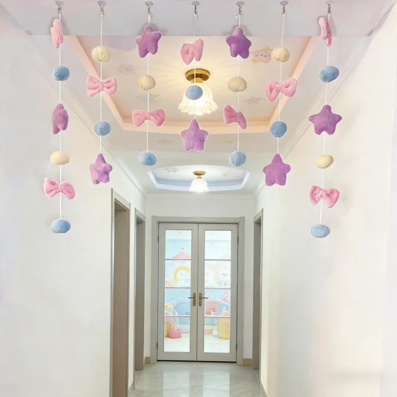 Pink Star Curtain No-Drill Wall Decoration Door Curtain Hanging Ornament Adorable Girly Decor Heart-Shaped Window Curtain Accent