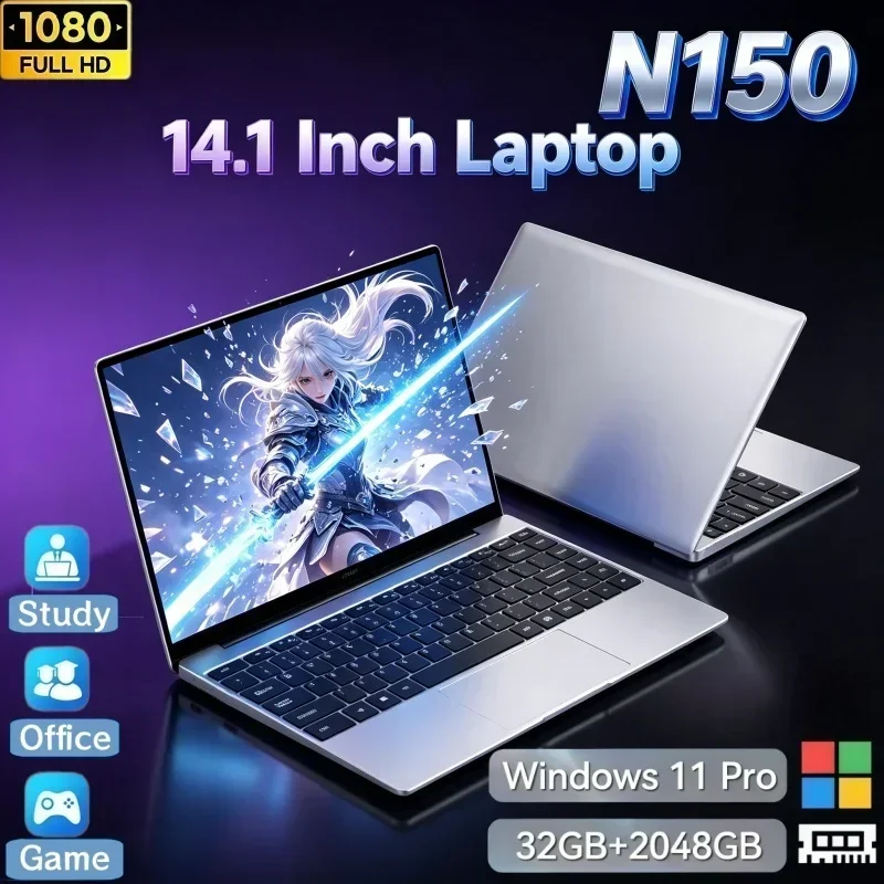 14.1 Inch Laptop PC Intel N150 Chip 32GB RAM 2TB SSD Windows 11 Office Software For Work Game Student Daily Notebook Computer