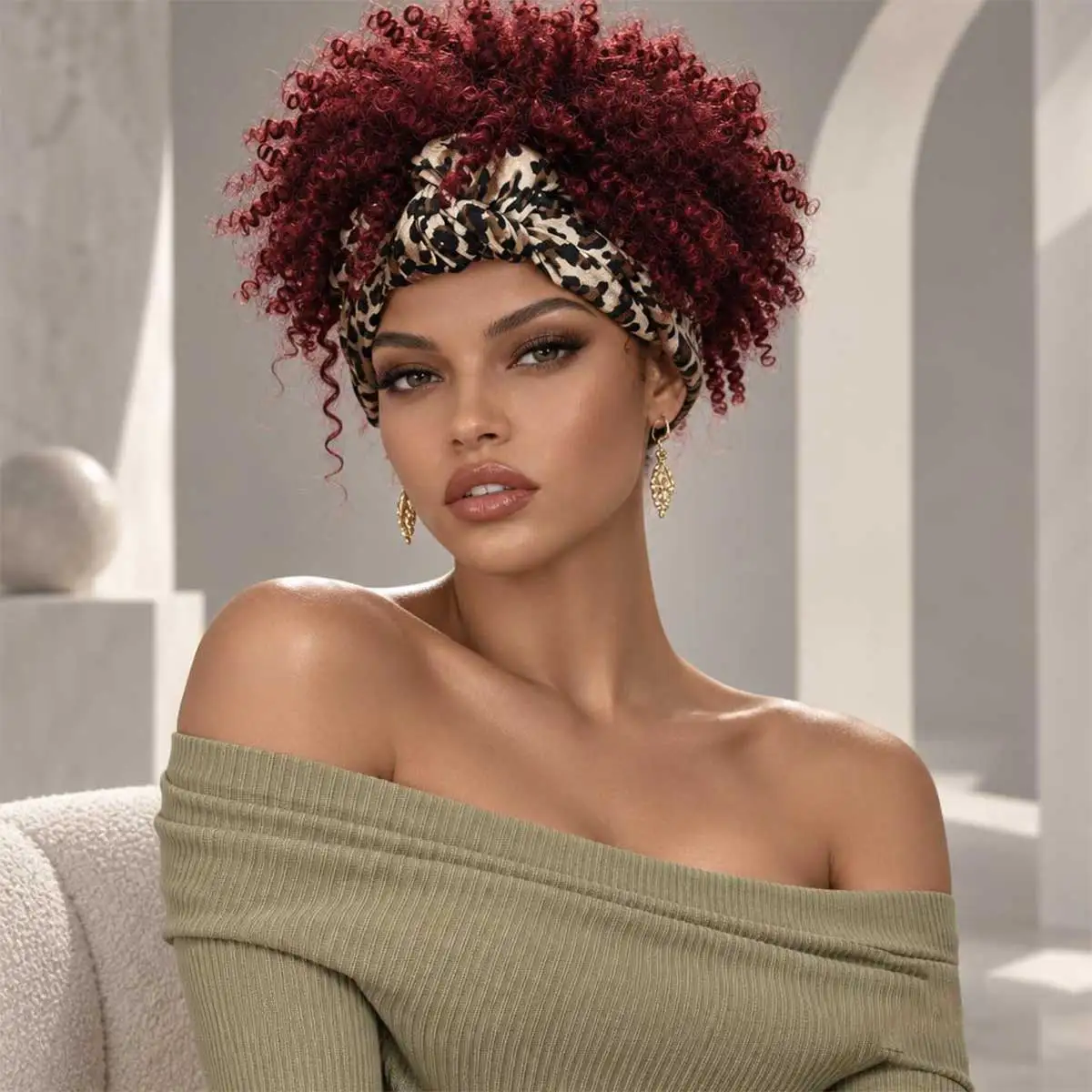 Women Leopard Print Headband Wig Burgundy Short Curly Afro Synthetic Wig Heat Resistant Wrap Headband Wigs for Women Daily Wear
