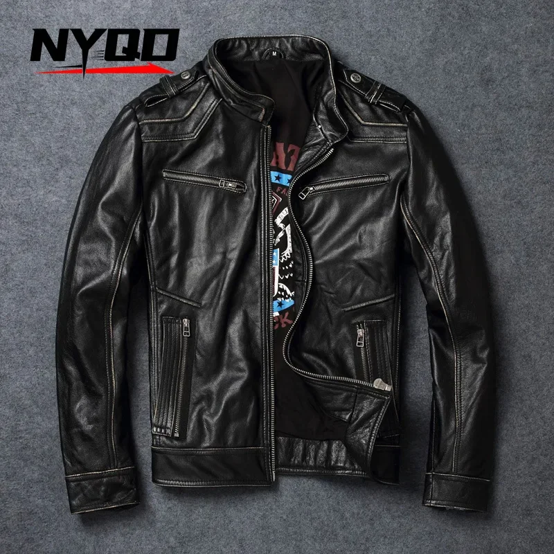 Men's Leather Jacket Short Slim Fit Retro Cowhide Motorcycle Riding Motorcycle Jacket Jaqueta Moto Masculino מעיל אופנוע