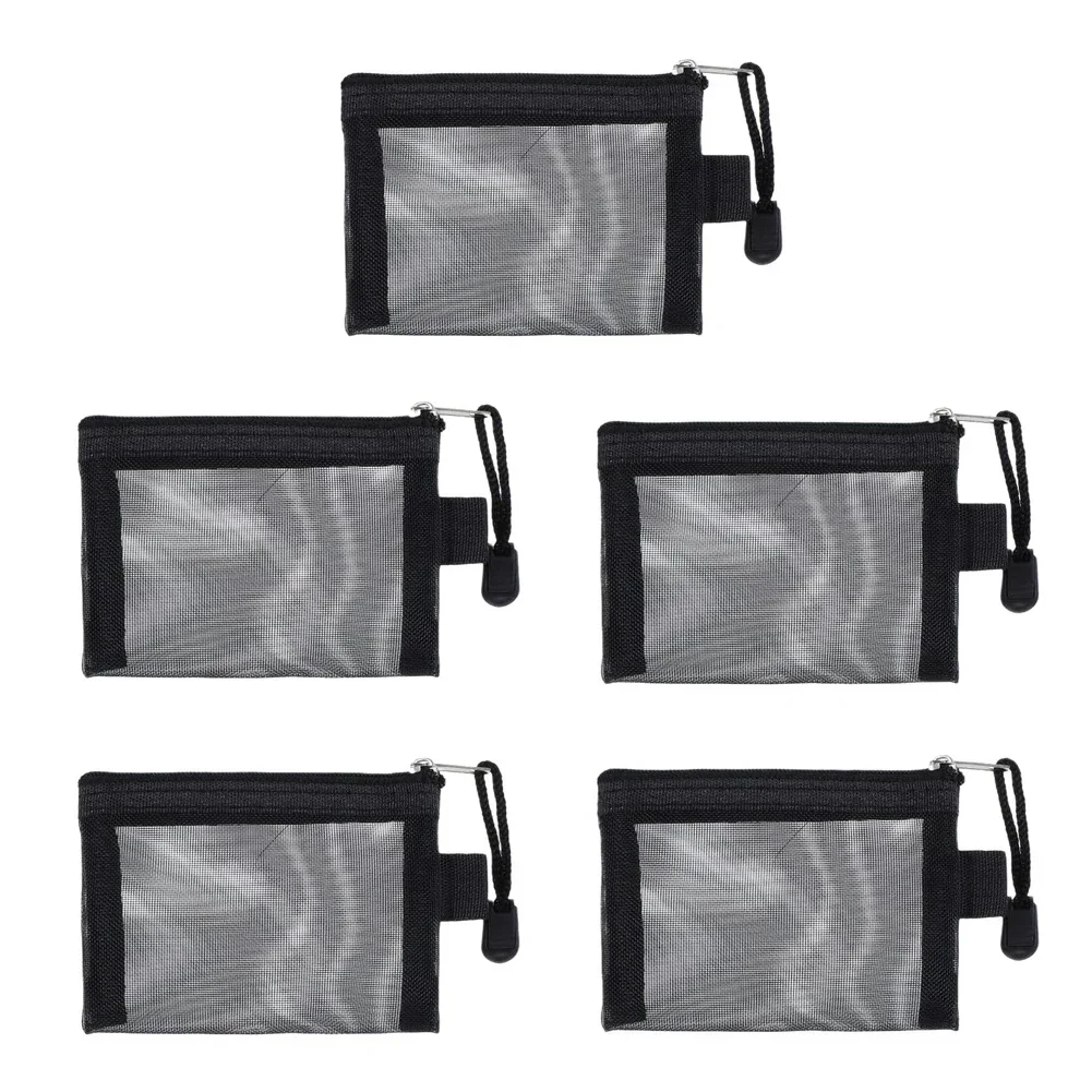 Five Piece Mesh Zipper Pouch Set Portable Toiletry Bags Nylon Clear Cosmetic Organizer for Travel Work School Black