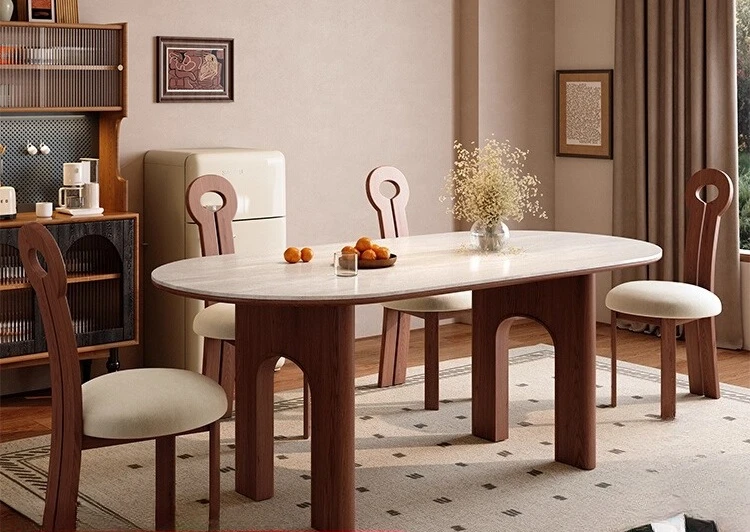 

Solid wood rock slab retro wabi sandy wind solid wood dining table travertine rock slab can be customized dining table