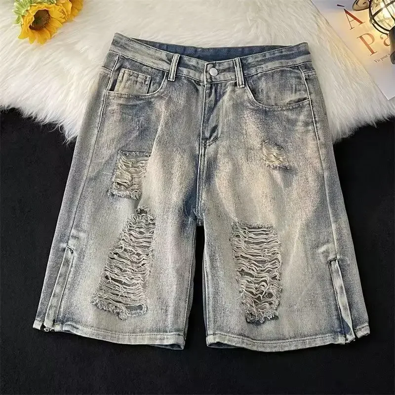 Male Denim Shorts Split Hip Hop Ripped Men's Short Jeans Pants New in Buttons Thin Summer Sale Distressed Trend 2024 Retro Blue