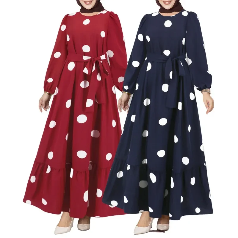 2024 Dresses For Girls Women's Muslim Robe Lantern Long Sleeve Round Neck Polka Dot Temperament Elegant Temperament Dress