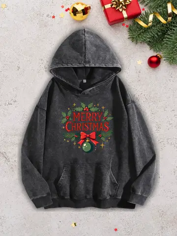 Merry Christmas Bell Men's Heavyweight Hoodie - Acid Wash Retro Black Pullover, Fall & Winter Sweatshirt 400Gsm