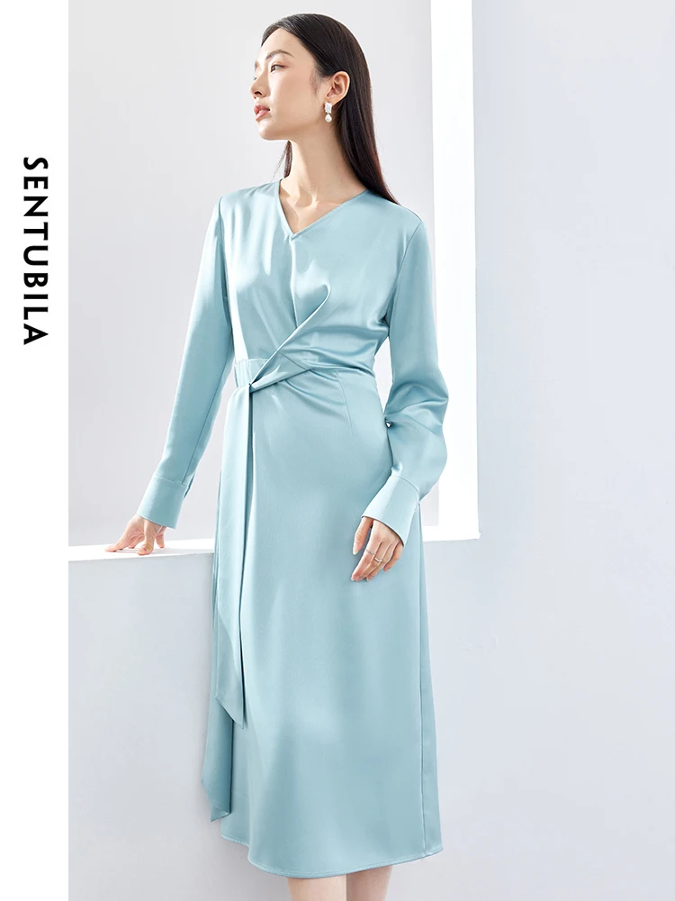 SENTUBILA Tie Belted Satin Midi Dress for Women 2024 Spring Fashion Elegant Lady Blue Long Sleeve V-neck Split Dresses 141L52625