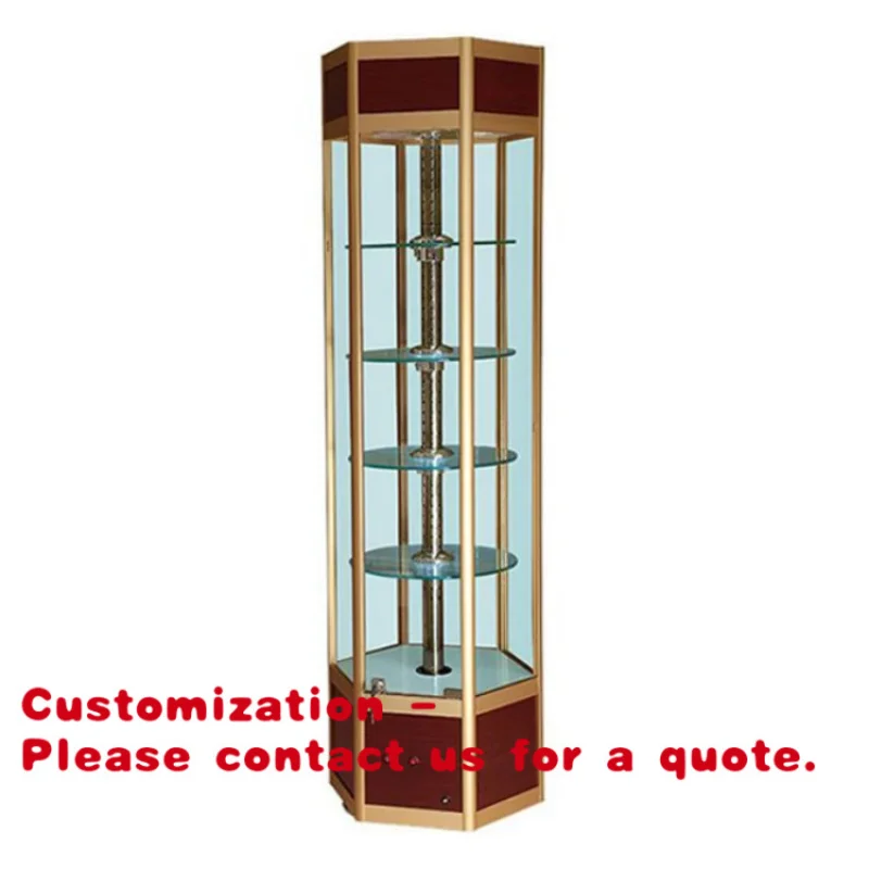 

Электрическая вращающаяся шестиугольная витрина/шкаф для демонстрации товаров с замком, из МДФ, с рамой из сплава, закаленным стеклом, нагрузка 15 кг/уровень