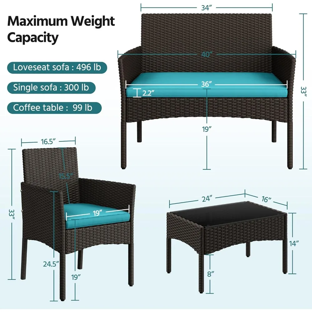 Patio Furniture Set 4 Pieces Conversation Sets, Rattan Chair Wicker Set Loveseat with Soft Cushion and Glass Table forBackyard