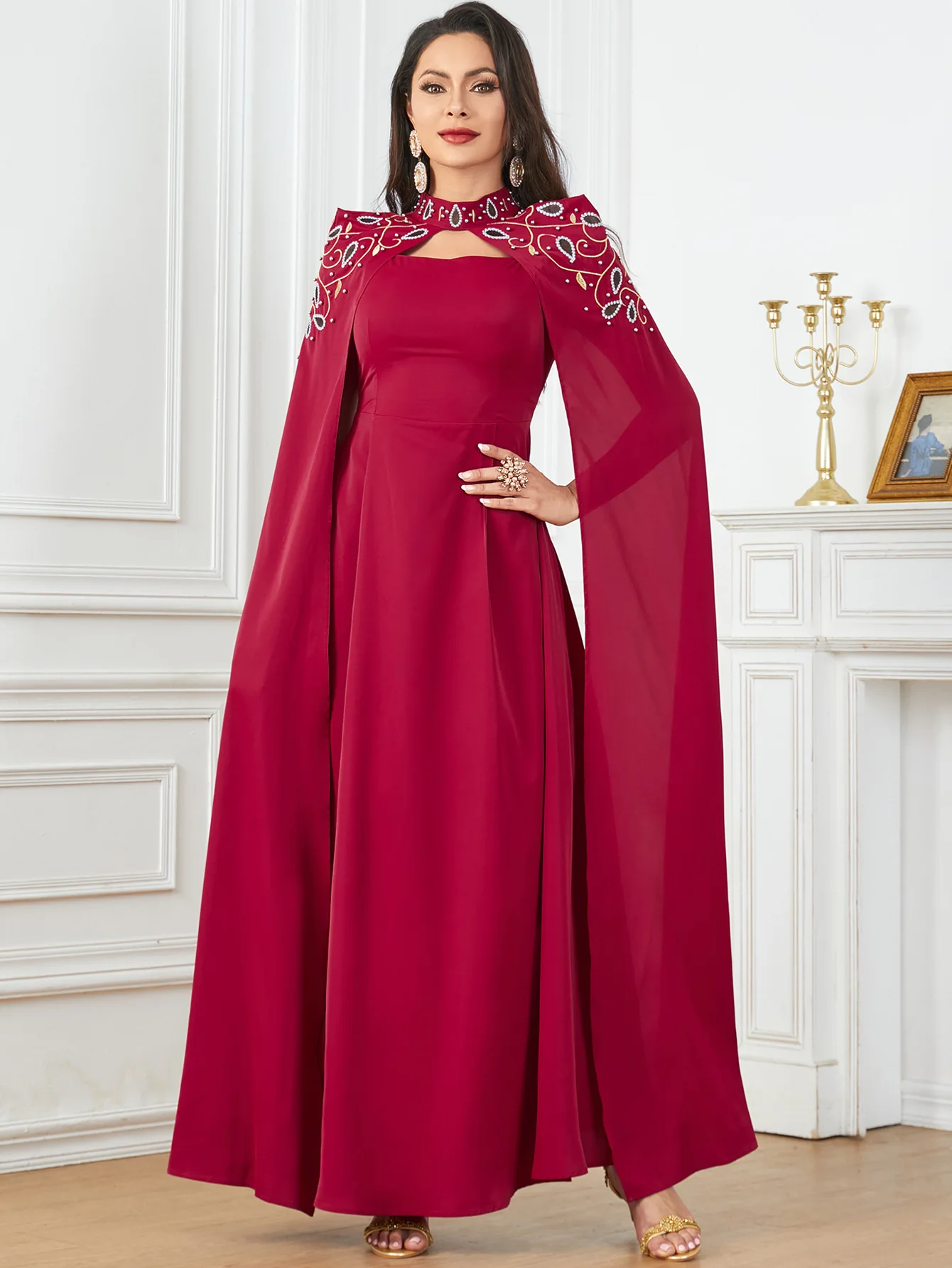 2PCS Eid Djellaba Beads Cape Cloak Evening Maxi Dress Set Dubai Abaya Turkey Kaftan Women Muslim Wedding Party Gown Morocco Robe