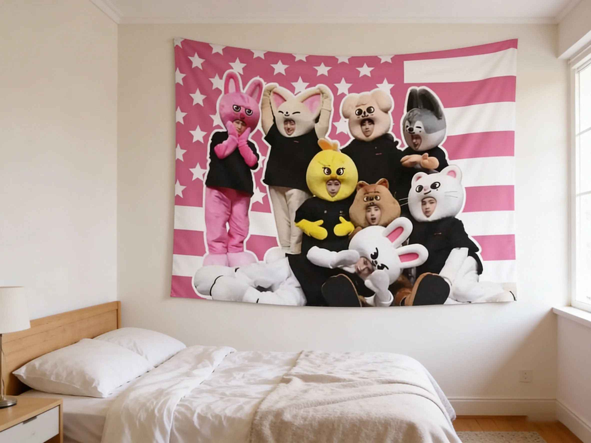 Stray Kids Poster Tapestry Fun Animal Theme Kpop Tapestry Pink American Flag Tapestry Bedroom Dorm Aesthetic Wall Hanging Decor