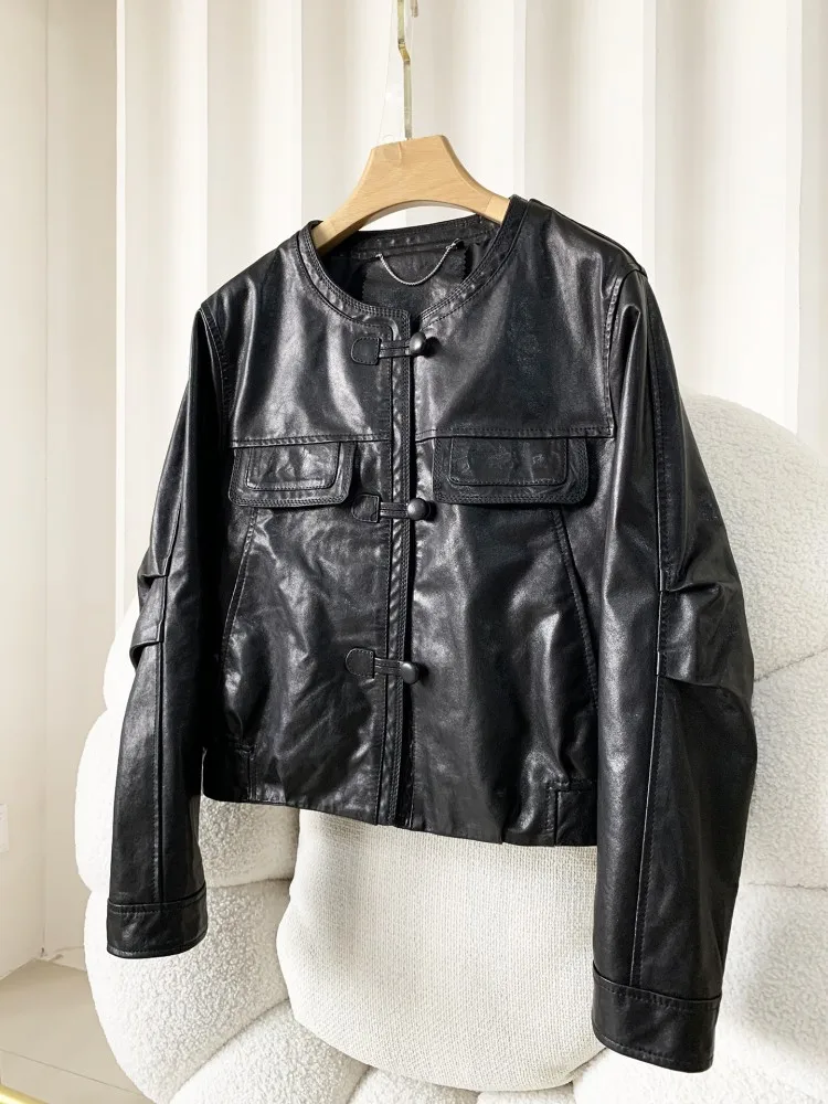 Vintage  O Neck Single Breasted Short Style Jacket Women Real Sheepskin Genuine Leather Coat Slim Fit Fashion Streetwear Coat
