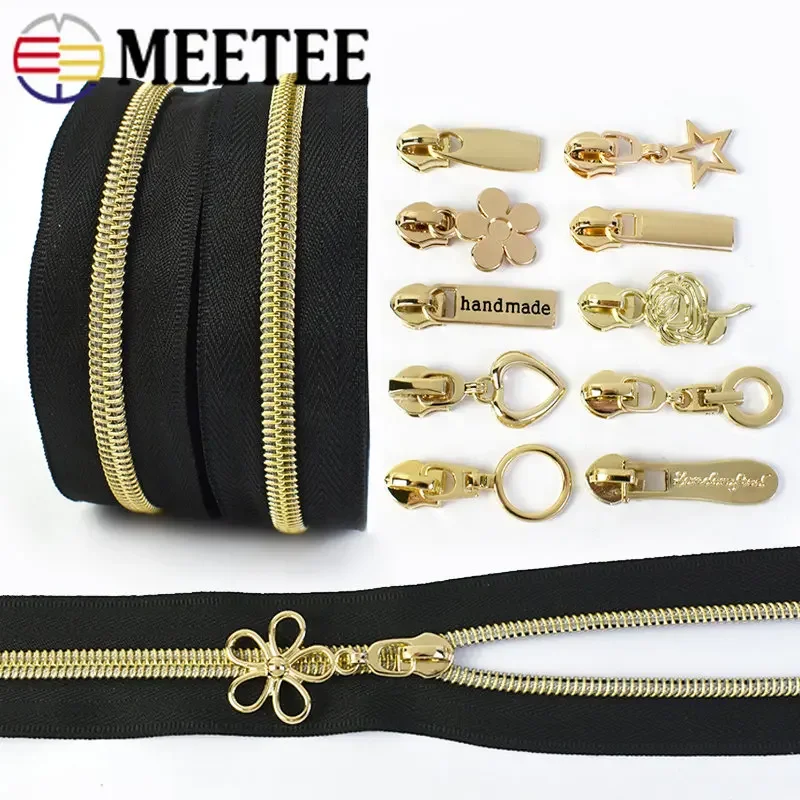 2/4M 5 # Cinta de costura de nailon con cremallera + cremalleras LightGold, bolsa deslizante, cremalleras de bolsillo, cabezal de tracción, Kits de reparación de cremallera para ropa, accesorios DIY