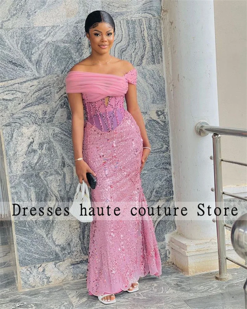 Aso Ebi Nigerian Pink Beaded Lace Evening Dresses 2024 Off The Shoulder Mermaid Women Formal Dress African Wedding Party Gowns