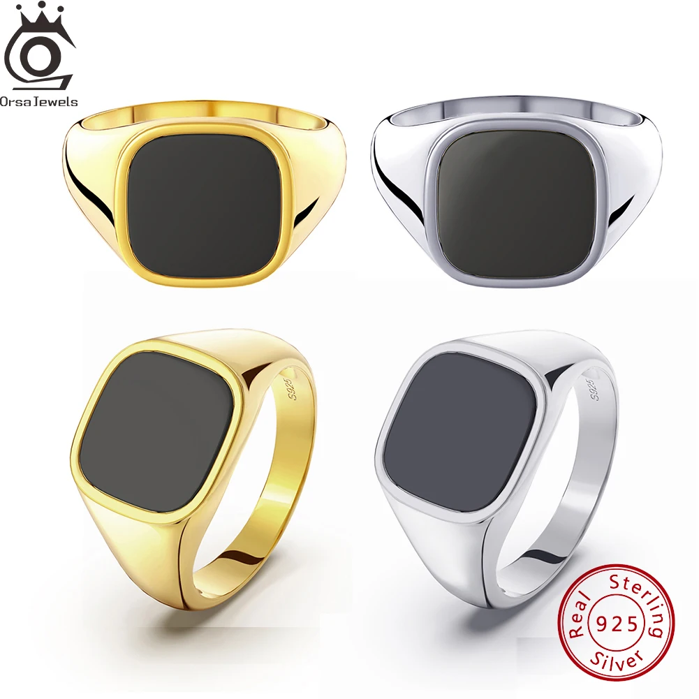 ORSA JEWELS Genuine 925 Sterling Silver for Men 18K Gold Plated Black Agate Square Finger Ring Smooth Surface 10-13 Size NMR01