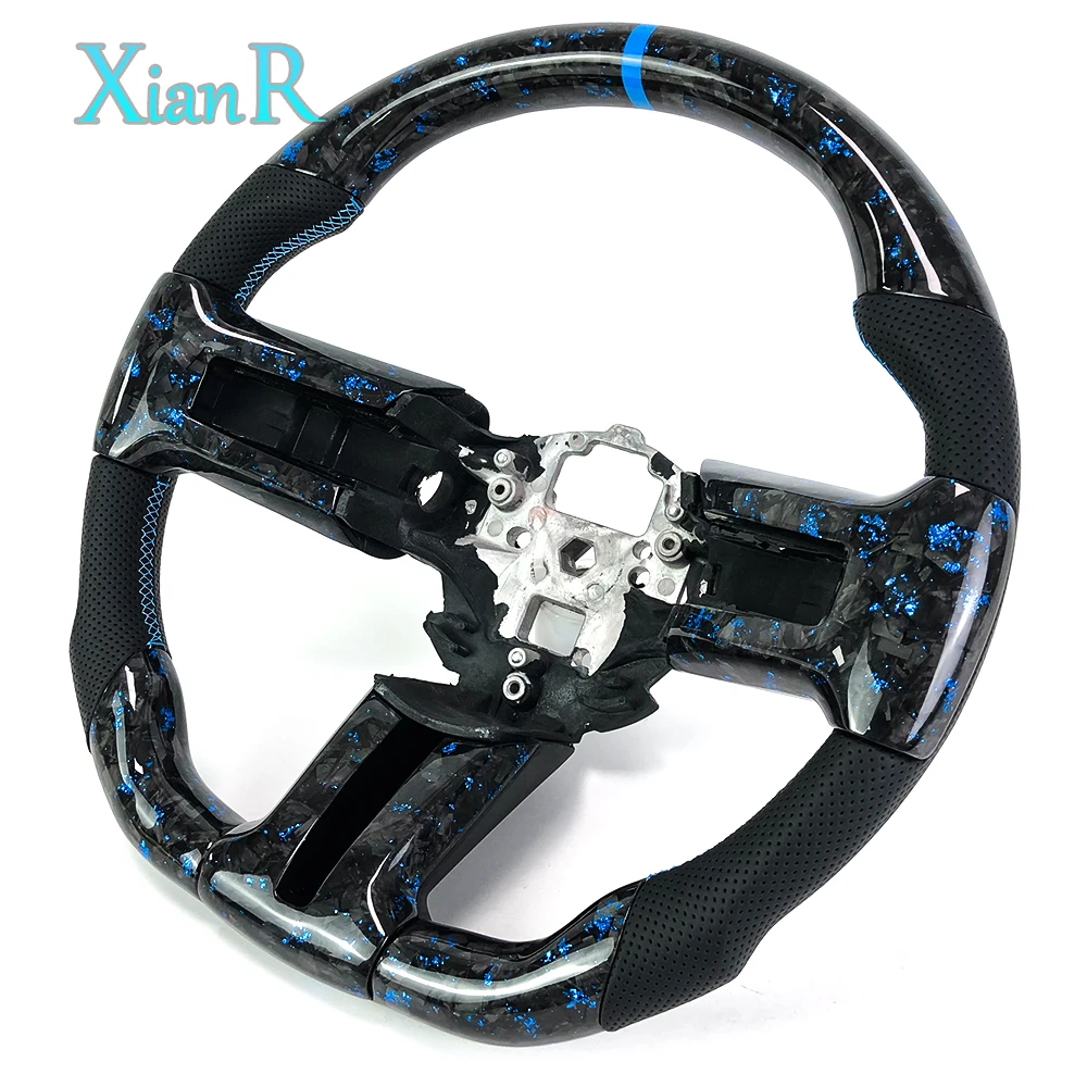 

Custom Black Perforated Leather Light Blue Forged Carbon Fiber Sports Style Steering Wheel for Ford Mustang 2008-2013