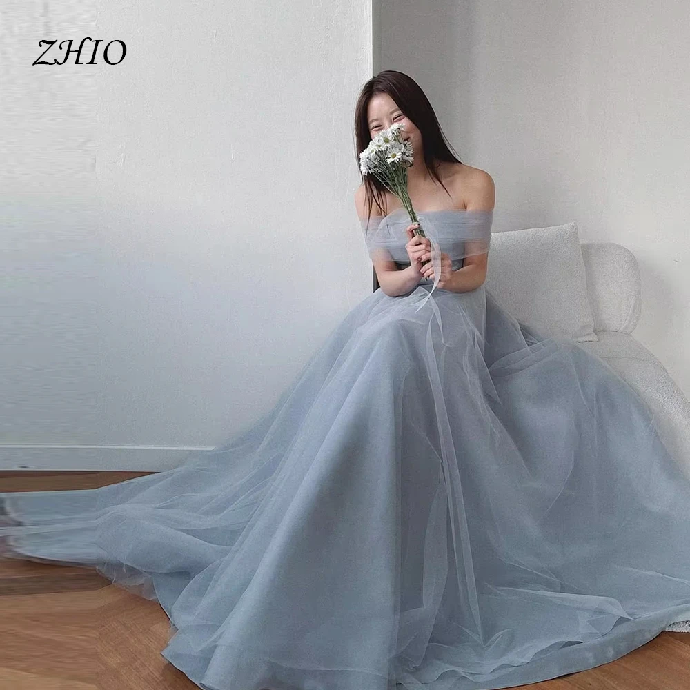 Sukienka ślubna ZHIO, niebieska, koreańska, na zamówienie, linia A, tiulowa, gorsetowa, plisowana, do ziemi, zapinana na zatrzaski, 웨딩드레스