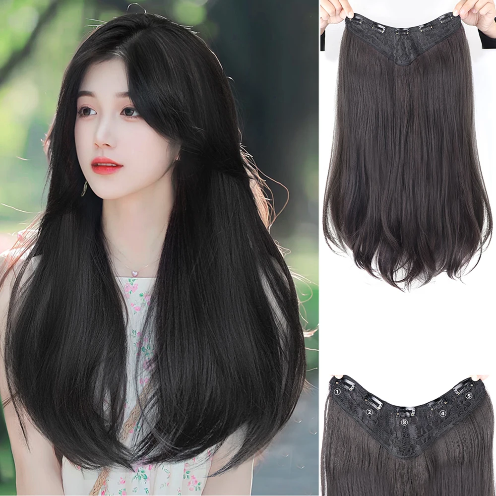 Long Straight Hair Extensions Clip in Hair Extensions for Asian Women Synthetic V-Shape Hairpiece One Piece with 4 Clips