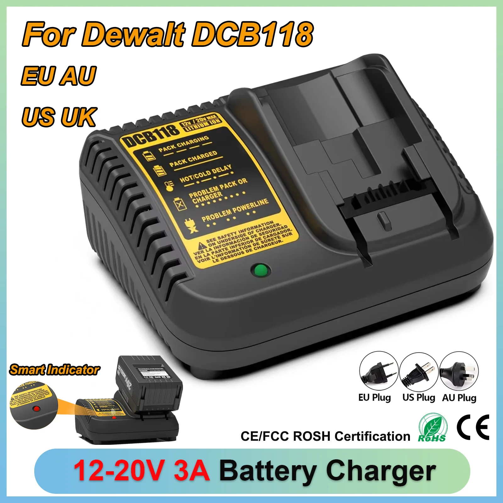 DCB118 3A Akkuladegerät für Dewalt 12-20V Max Ersatzladegerät 18V Lithium-Akkuladegerät mit LED DCB120 DCB140