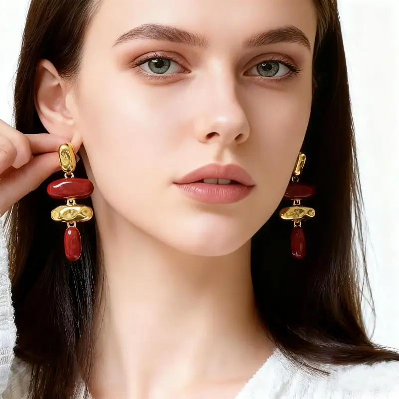 Retro Exaggerated Gold Dangling Earrings Wine Red Enamel Stitching Drop Glaze Jewelry for Girls Club Party