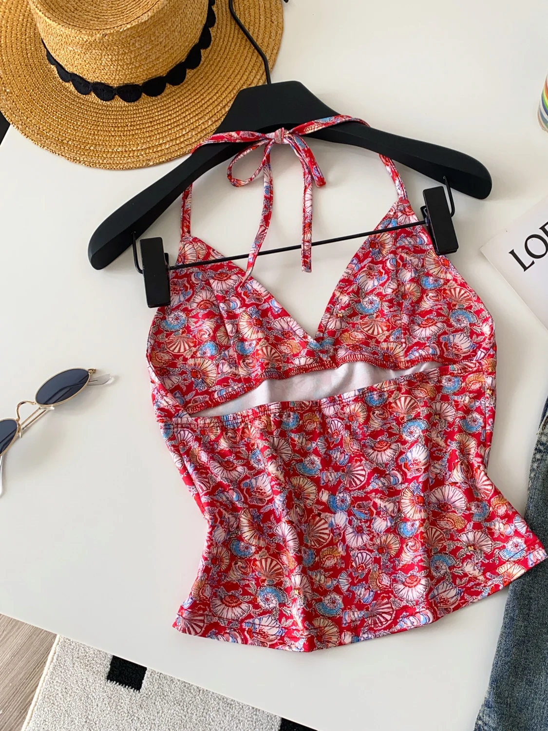 Sexy Floral Print ter Ne Crop Top Women's Summer Slimming Bal Vest Trendy Commute Sle Polyester Fiber V-ne