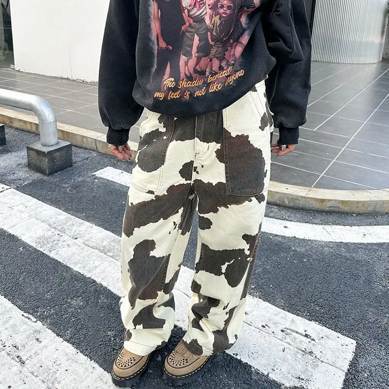 

Women Denim Pant Jeans Floor Length Pants Print High Waist Straight Trousers Y2k Streetwear Slim Fit Splice Mom Jeans 2025