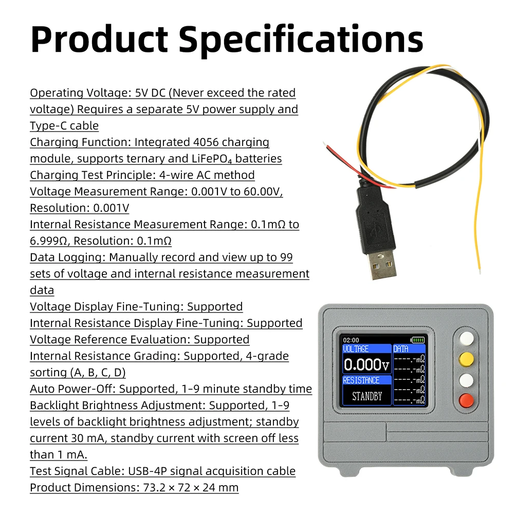 TV607 Spannungs- und Innenwiderstandstester DC5V 1,77-Zoll TFT-Farbdisplay DIY Batterietestgerät 4056 Lademodul AC 4-Draht – Detail 4