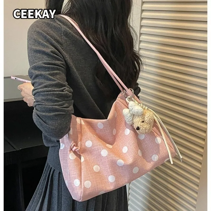 CEEKAY Cute Canvas Tote Handbag with Dots and Bear Charm Slouchy Shoulder Purse for Women Daily Weekend Casual Outing Hand Bag