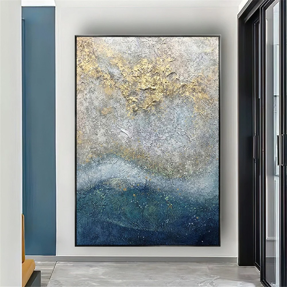 

100%Hand Painted Oil Painting on Canvas modern Gold Foil Abstract Art blue thick oil texture Wall Art Pictures Decor Living Room