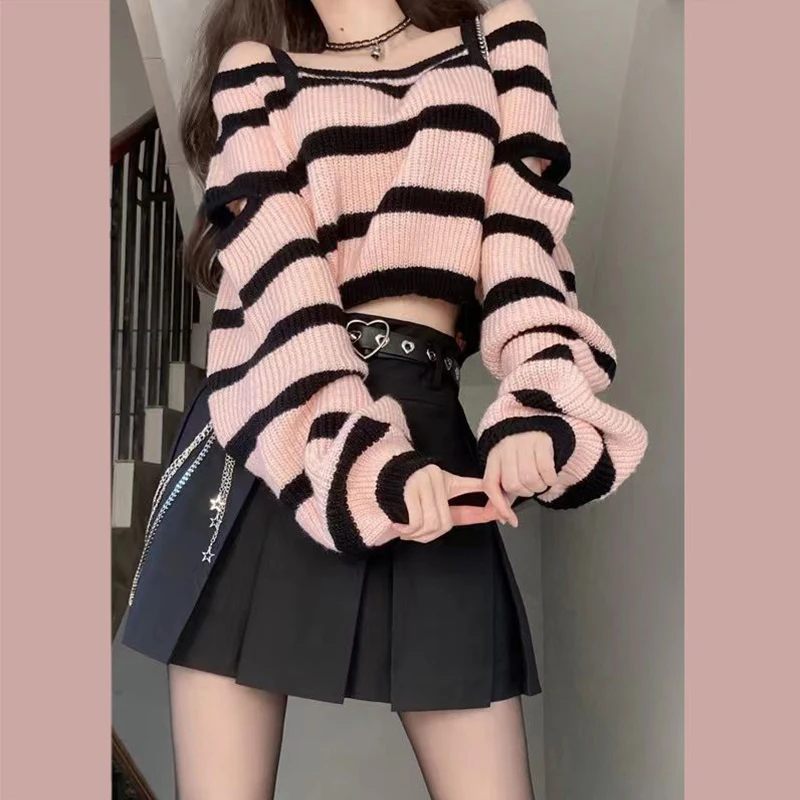 Women\'s Korean Style Stripe Off Shoulder Top, Knit Sweater, Loose Long Sleeve, Hollow Out Pullover, Pink Top, Y2K, Spring 2023