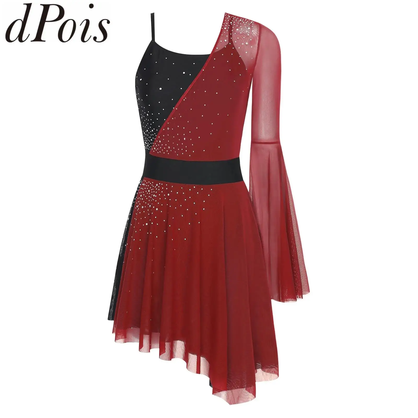 Femmes filles patinage artistique justaucorps robe Ballet danse lyrique gymnastique rythmique Costume à manches longues strass maille robes