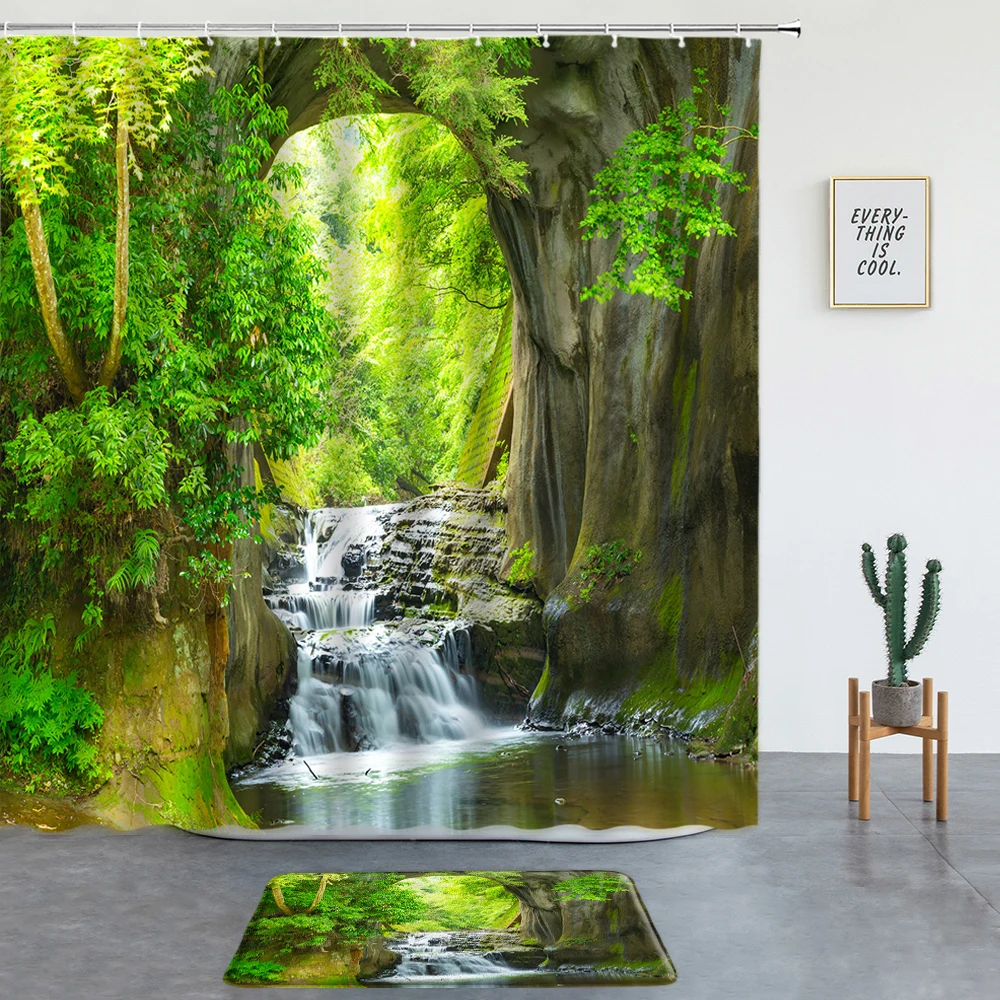 Forest Landscape Outside The Window Shower Curtains Set Non-slip Rug Bath Mats Bathroom Screen Entrance Door Mat Room Decoration