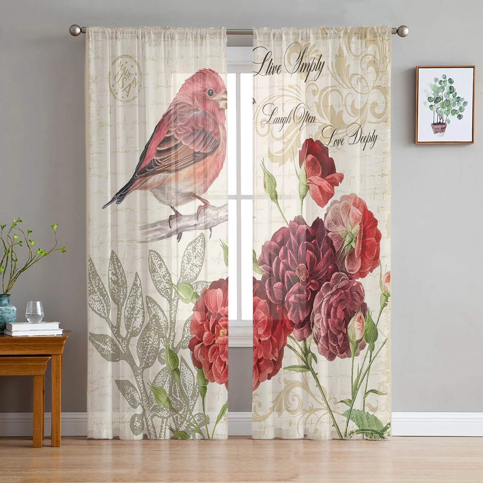 Bird Rose Flower Vintage Letter Tulle Voile Curtains For Bedroom Window Curtain For Living Room Sheer Curtains Organza Drapes